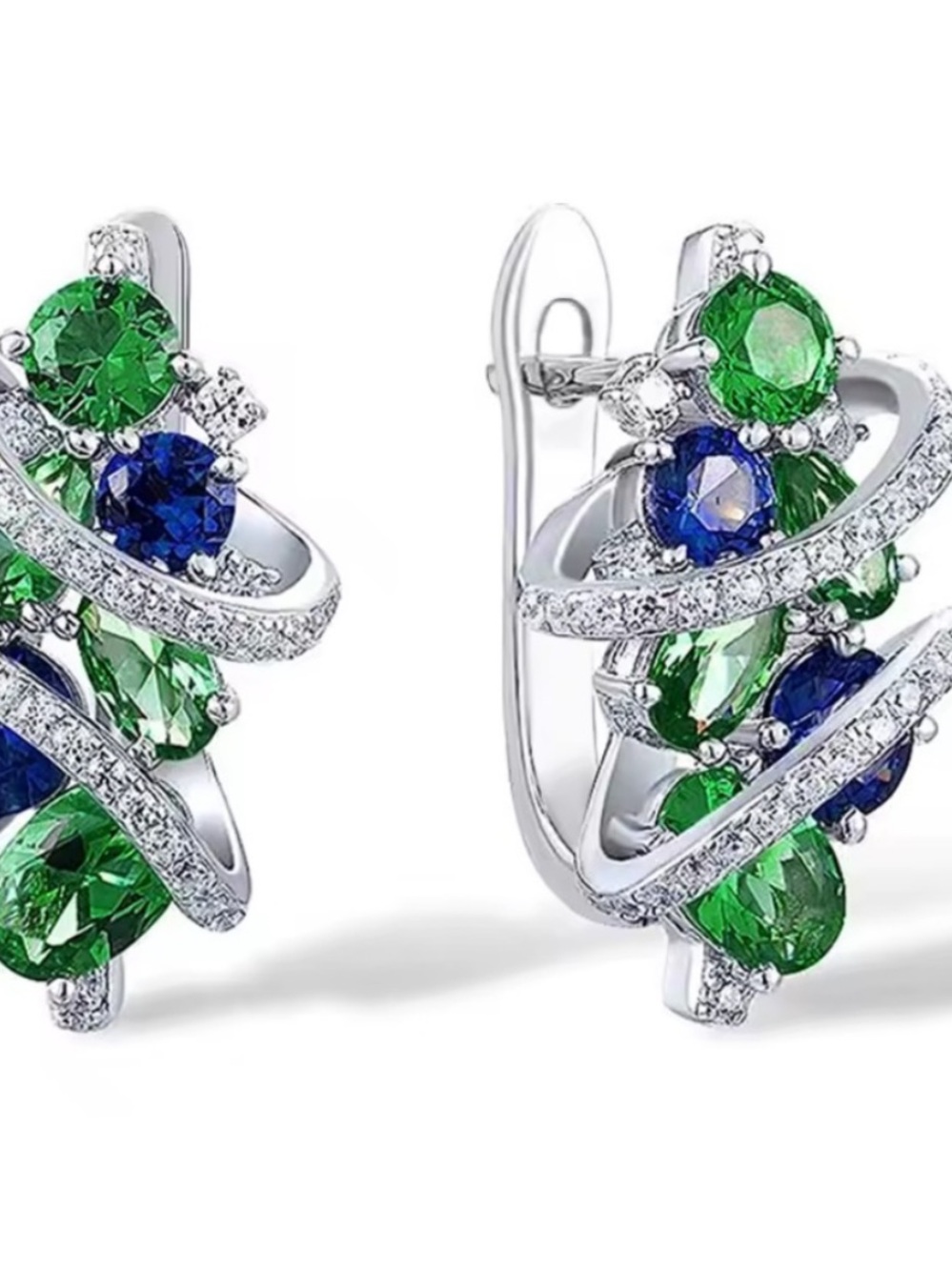 Silver Green & Blue Crystal Hoop Earrings